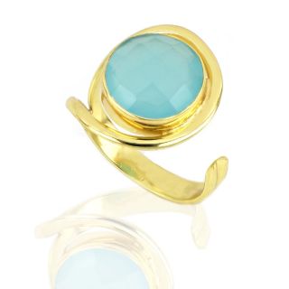 925 Sterling Silver ring gold plated with round aqua chalcedony (12 mm) - 
