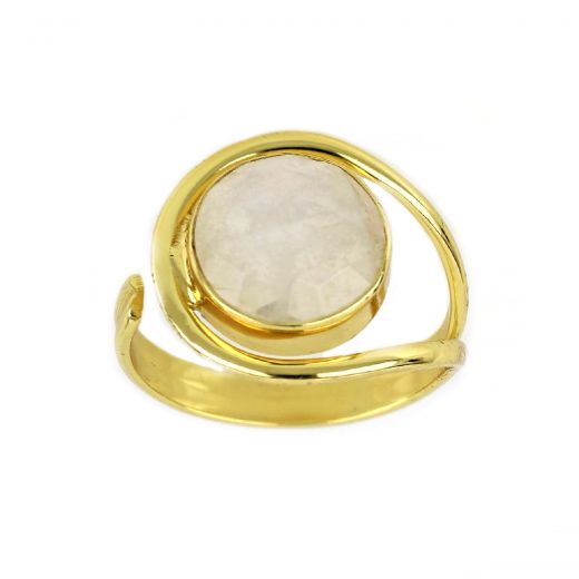 925 Sterling Silver ring gold plated with round rainbow moonstone (12 mm)