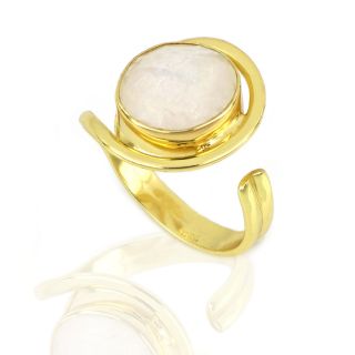 925 Sterling Silver ring gold plated with round rainbow moonstone (12 mm) - 