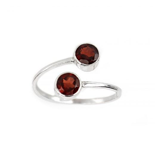 925 Sterling Silver ring rhodium plated with two round garnet stones 5 mm