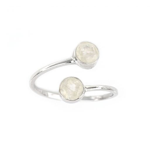 925 Sterling Silver ring rhodium plated with two round rainbow moonstones
