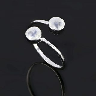 925 Sterling Silver ring rhodium plated with two round rainbow moonstones - 