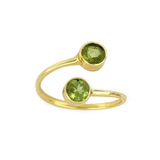925 Sterling Silver ring gold plated with two round peridot stones