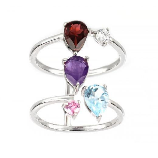 925 Sterling Silver ring rhodium plated with garnet, amethyst, blue topaz and zirconia (21 x 10 mm)