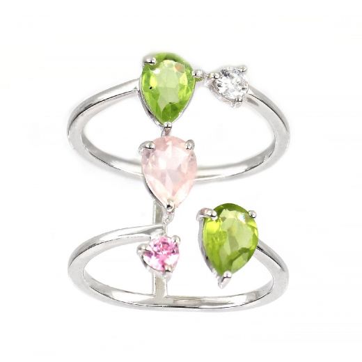 925 Sterling Silver ring rhodium plated with peridot, rose quartz and zirconia