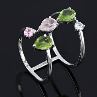 Χειροποίητο ασημένιο δαχτυλίδι επιροδιωμένο με περίδοτο, ροζ χαλαζία και ζιργκόν - 