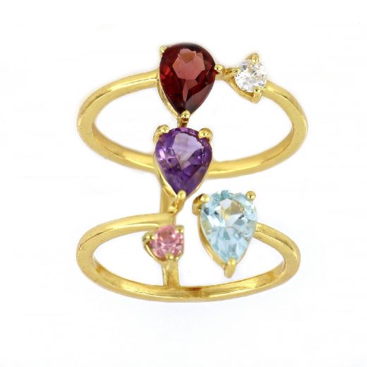 925 Sterling Silver ring rhodium plated with garnet, amethyst, blue topaz and zirconia