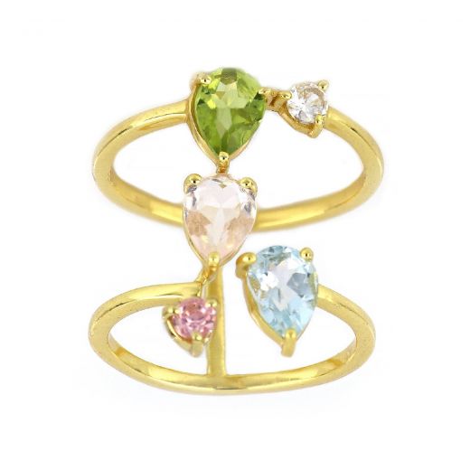925 Sterling Silver ring gold plated with peridot, rose quartz, blue topaz and zirconia