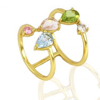 925 Sterling Silver ring gold plated with peridot, rose quartz, blue topaz and zirconia - 