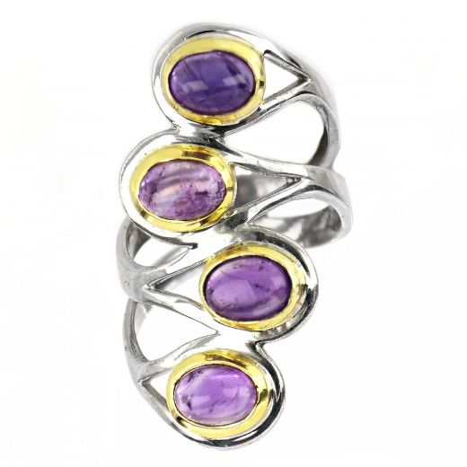 925 Sterling Silver ring with ruthenium and four amethyst stones