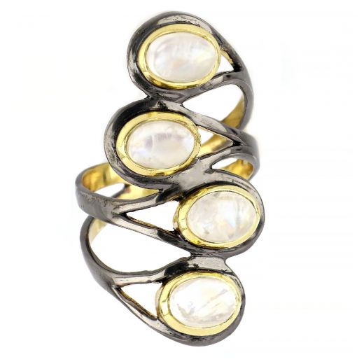 925 Sterling Silver ring gold plated with ruthenium and four rainbow moonstones