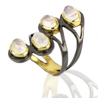 925 Sterling Silver ring gold plated with ruthenium and four rainbow moonstones - 