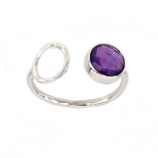 925 Sterling Silver ring rhodium plated with round amethyst (9 mm)