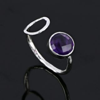 925 Sterling Silver ring rhodium plated with round amethyst (9 mm) - 
