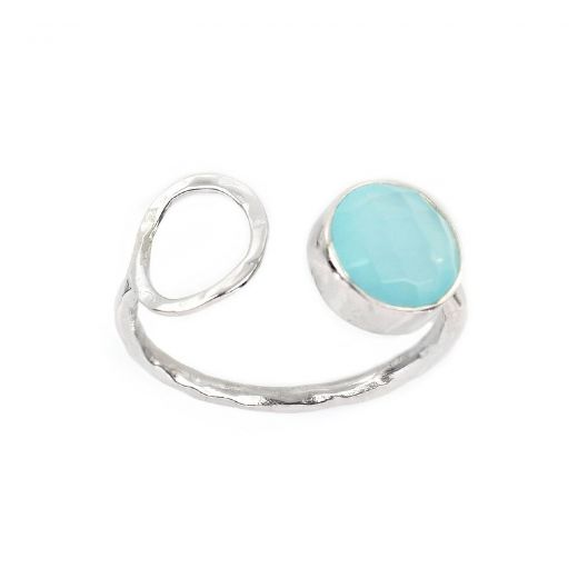 925 Sterling Silver ring rhodium plated with round aqua chalcedony (9 mm)