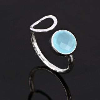 925 Sterling Silver ring rhodium plated with round aqua chalcedony (9 mm) - 