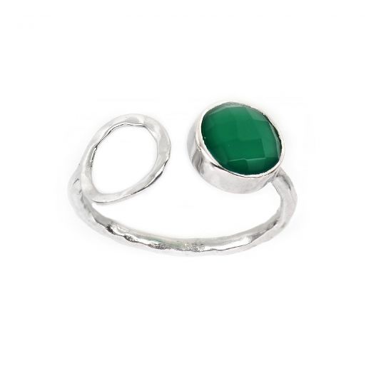 925 Sterling Silver ring rhodium plated with round green onyx (9 mm)