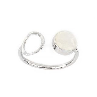 925 Sterling Silver ring rhodium plated with round rainbow moonstone (9 mm)