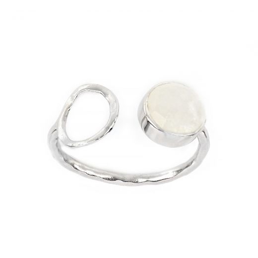 925 Sterling Silver ring rhodium plated with round rainbow moonstone (9 mm)
