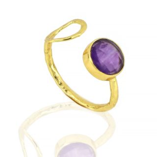 925 Sterling Silver ring gold plated with round amethyst (9mm). - 