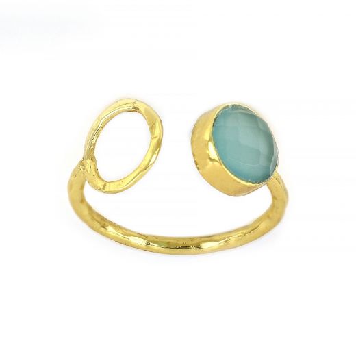 925 Sterling Silver ring gold plated with round aqua chalcedony (9 mm)