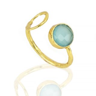 925 Sterling Silver ring gold plated with round aqua chalcedony (9 mm) - 
