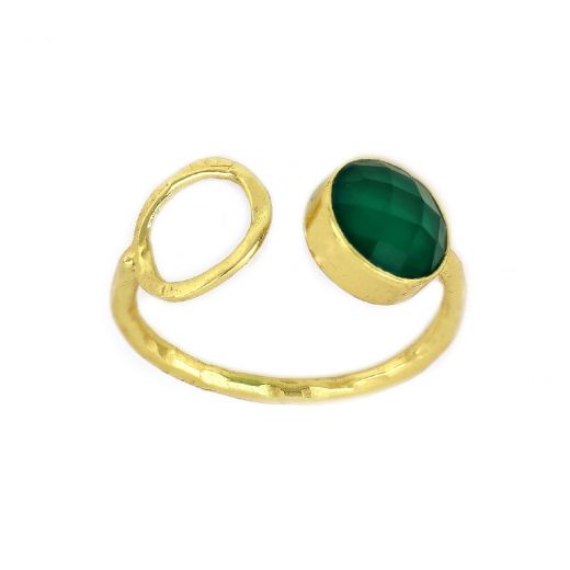 Χειροποίητο ασημένιο δαχτυλίδι επιχρυσωμένο με στρογγυλό πράσινο όνυχα (9 mm)