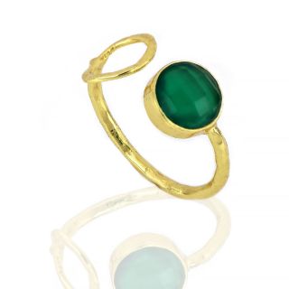 Χειροποίητο ασημένιο δαχτυλίδι επιχρυσωμένο με στρογγυλό πράσινο όνυχα (9 mm) - 