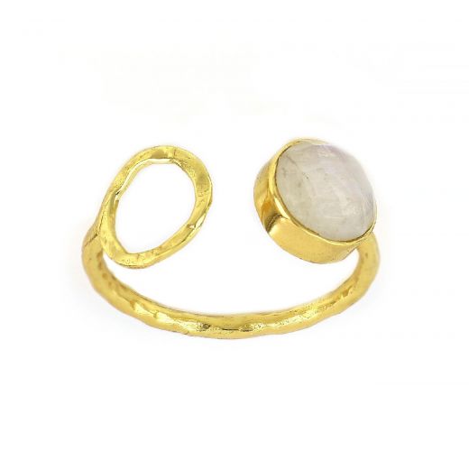 925 Sterling Silver ring gold plated with round rainbow moonstone (9 mm)