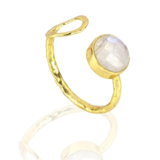 925 Sterling Silver ring gold plated with round rainbow moonstone (9 mm) - 