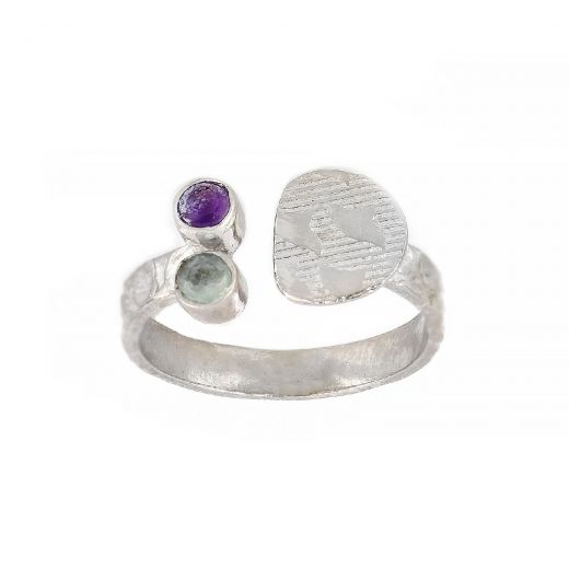 925 Sterling Silver ring rhodium plated with amethyst and blue topaz (8 x 14 mm)