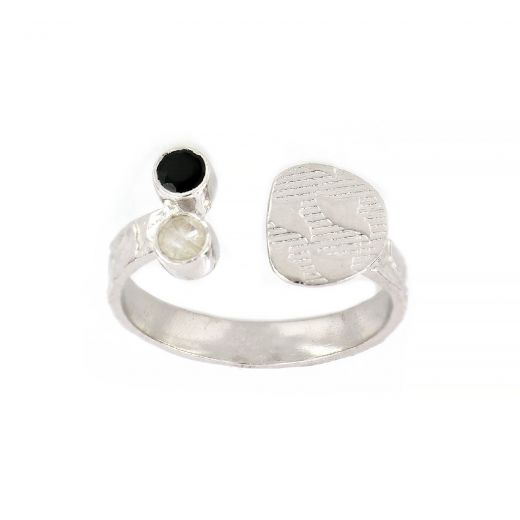 925 Sterling Silver ring rhodium plated with black onyx and rainbow moonstone