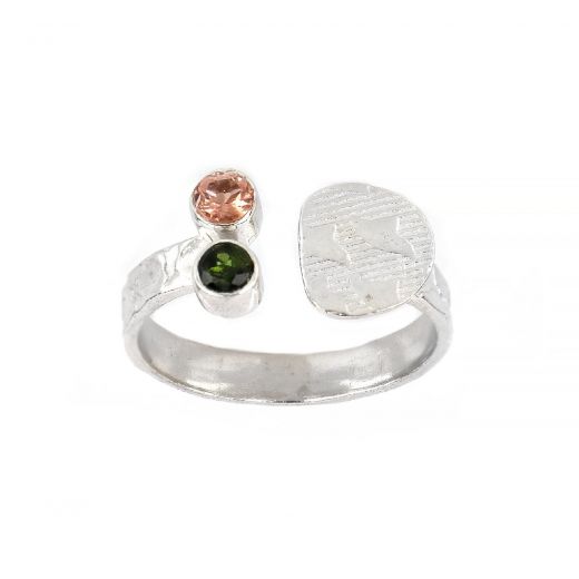 925 Sterling Silver ring rhodium plated with pink tourmaline and green tourmaline