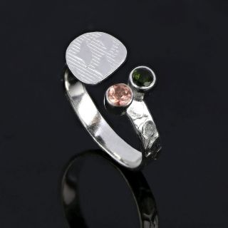 925 Sterling Silver ring rhodium plated with pink tourmaline and green tourmaline - 