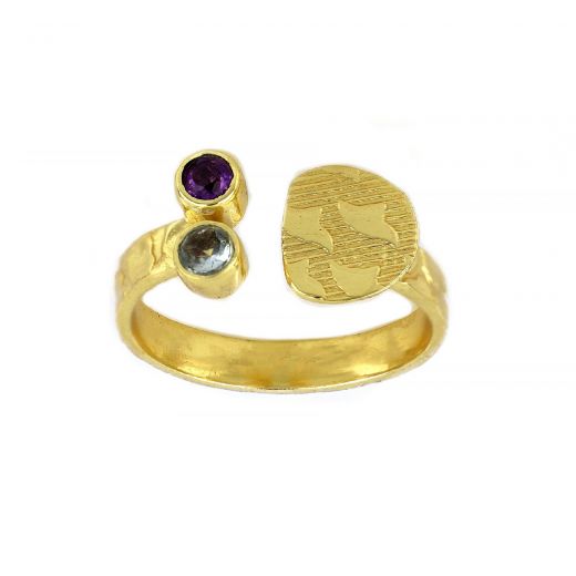 925 Sterling Silver ring gold plated with amethyst and blue topaz