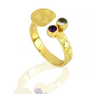 925 Sterling Silver ring gold plated with amethyst and blue topaz - 