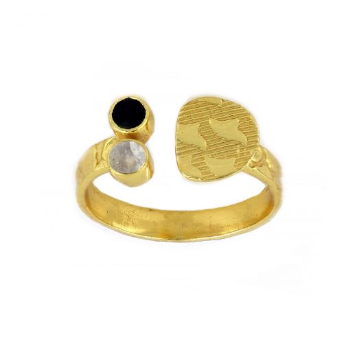 925 Sterling Silver ring gold plated with black onyx and rainbow moonstone