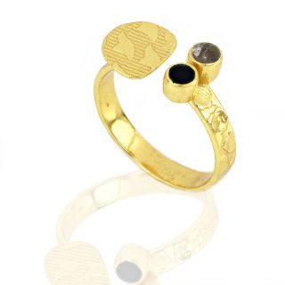 925 Sterling Silver ring gold plated with black onyx and rainbow moonstone - 
