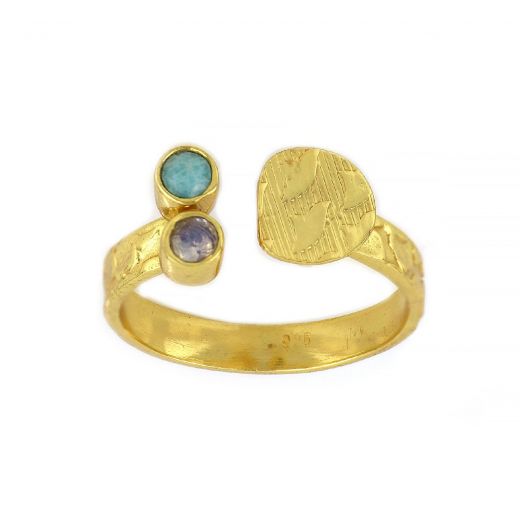 925 Sterling Silver ring gold plated with rainbow moonstone and amazonite