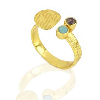 925 Sterling Silver ring gold plated with rainbow moonstone and amazonite - 