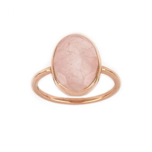 Χειροποίητο ασημένιο δαχτυλίδι με ροζ επιχρύσωμα και οβάλ ροζ χαλαζία