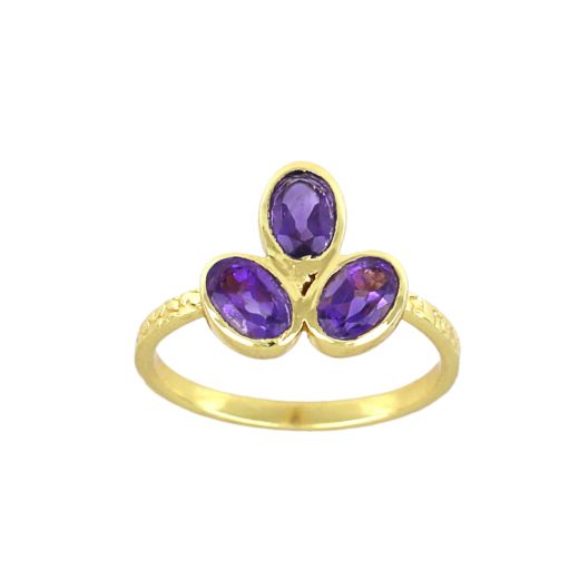 Handmade silver ring gold plated with three Amethyst stones