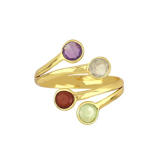 Handmade silver ring gold plated with green peridot, garnet, blue topaz and amethyst