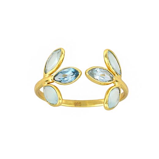 Handmade silver ring gold plated with blue topaz and aqua chalcedony