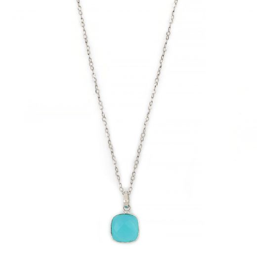 925 Sterling Silver necklace rhodium plated with square Aqua Chalcedony