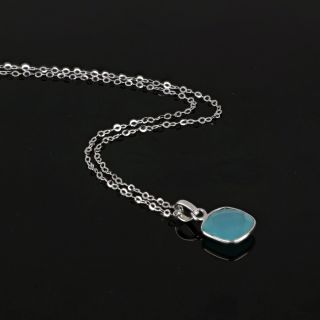 925 Sterling Silver necklace rhodium plated with square Aqua Chalcedony - 