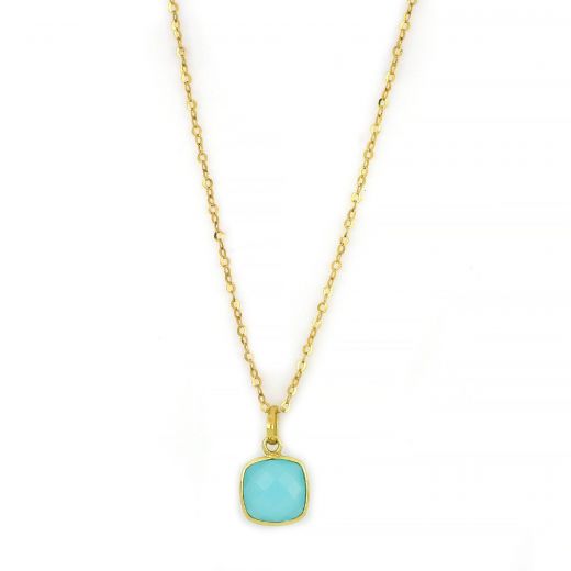 925 Sterling Silver necklace gold plated with square Aqua Chalcedony