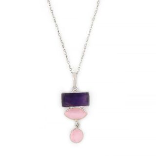 925 Sterling Silver necklace rhodium plated with two stones of Rose Chalcedony and one stone of Blue Topaz 925 Sterling Silver necklace rhodium plated with two stones of Rose Chalcedony and one stone of Blue Topaz