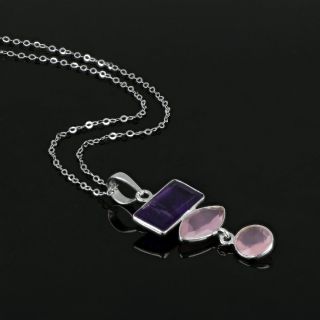 925 Sterling Silver necklace rhodium plated with two stones of Rose Chalcedony and one stone of Blue Topaz - 