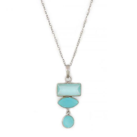 925 Sterling Silver necklace rhodium plated with two stones of Aqua Chalcedony and one stone of Amethyst